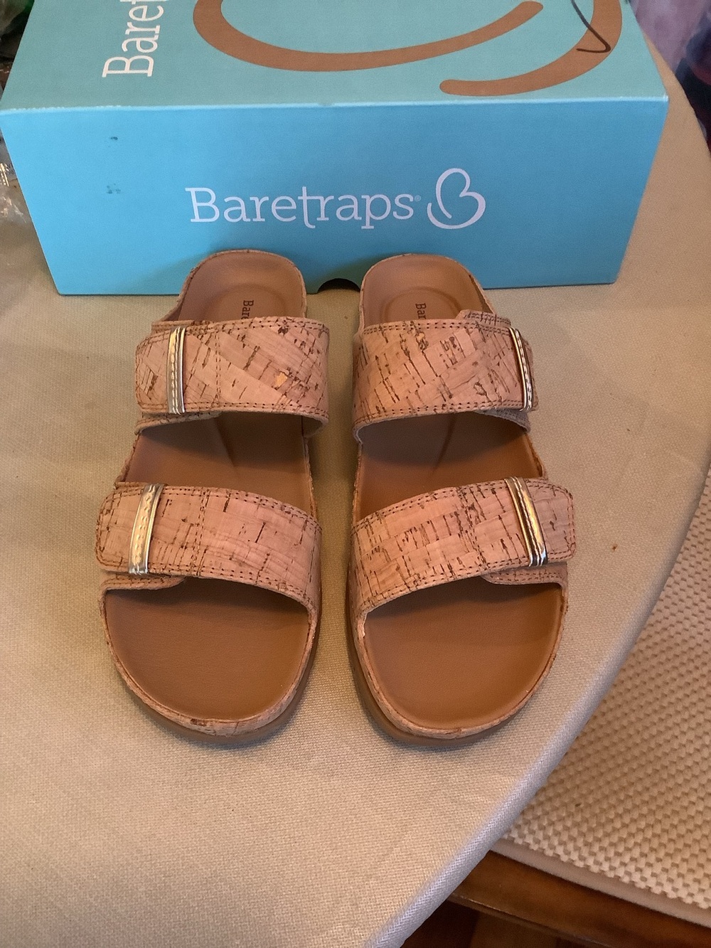 BareTraps Cork-Look Double Strap Sandal - Tan with Silver Accents New in box